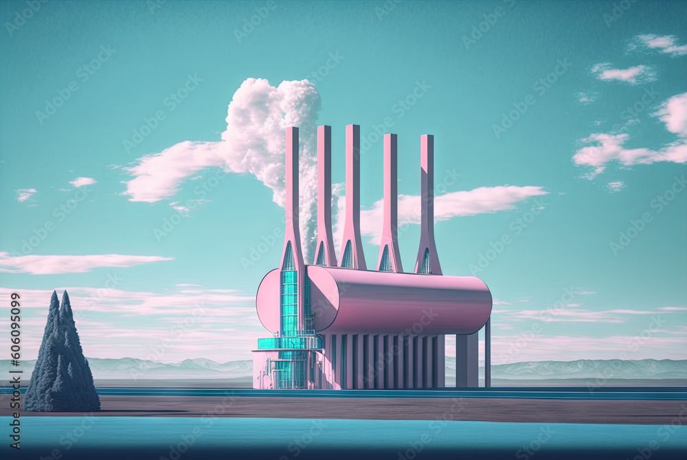 Poster vaporwave landscape with abstract building with pillars. 80s styled pink and blue minimalistic archi