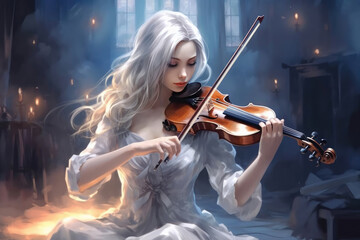 Fototapeta premium Fantastic illustration of a young woman playing the violin. Generative AI
