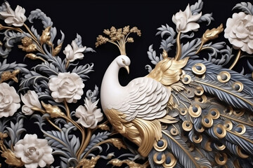 Golden and White Floral Mural with Classical Peacock Design - Modern 3D Wallpaper for Home Decor, generative AI