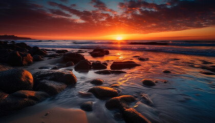 Fototapeta na wymiar Tranquil sunset over rocky coastline, waves crash generated by AI