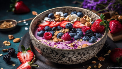 Fresh berry bowl blueberry, raspberry, strawberry, granola, yogurt generated by AI