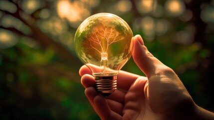 A small tree planted in an energy-saving light bulb, holding by a hand, green energy. Generative AI