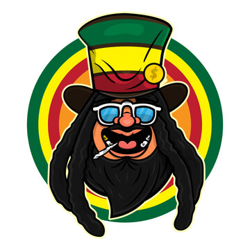 Cartoon illustration of dreadlocks men with bearded face, wearing magician hat with rastafarian flag colors and smoking marijuana. Best for sticker, logo, and mascot with marijuana business themes
