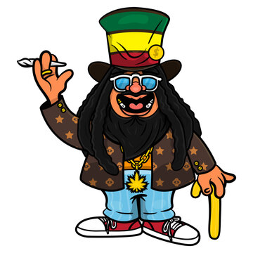 Cartoon illustration of dreadlocks men with bearded face. Wearing magician hat with rastafarian flag colors, branded coat, and gold stick. greeting while smoking marijuana. Marijuana business dealer