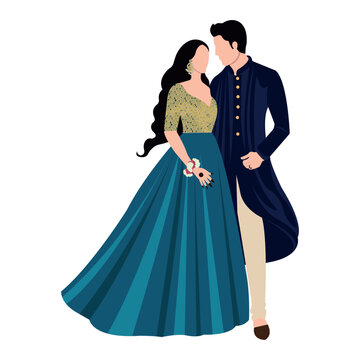 Vector vector cute indian couple cartoon in traditional dress