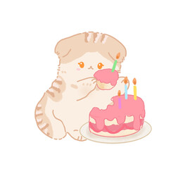 Cat with birthday cake hand drawn water color illustration