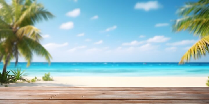 Empty wooden table and palm leaves with party on beach blurred background in summer time.ai generative