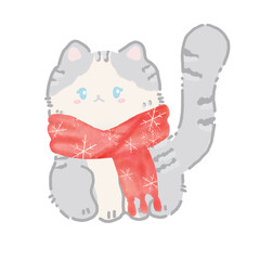 Christmas cat in scarf, hand drawn illustration water color