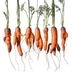 Variety of deformed carrots hanging against white background
