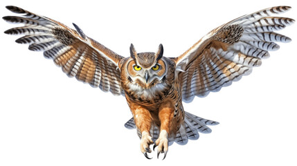 a Great-Horned Owl, in flight, front view, a nocturnal bird of prey, piercing eyes, Nature-themed, photorealistic illustrations in a PNG, cutout, and isolated. Generative AI