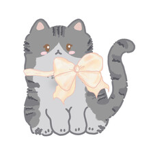 Cat with ribbon, hand drawn water color illustration pastel colors