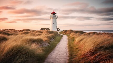 Lighthouse near the North Sea coast. Generative AI - obrazy, fototapety, plakaty