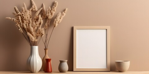 Minimal wooden picture poster frame mockup on white wallpaper, ai generative