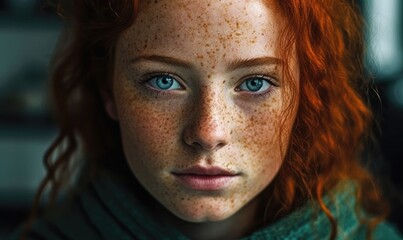 Beautiful red haired irish girl with blu eyes, red hair and lots of freckles, generative AI