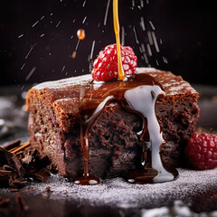 Delicioso pastel de chocolate. IA generada. Brownies de chocolate sobre fondo de madera, panadería casera y postre. Chocolate jugoso derretido.