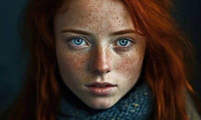 Beautiful red haired irish girl with blu eyes, red hair and lots of freckles, generative AI