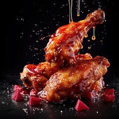 Fondo de alimentos. IA generada. Alitas de pollo picantes a la parrilla con ketchup y salsa barbacoa en un plato negro sobre pizarra oscura, piedra o fondo de hormigón.