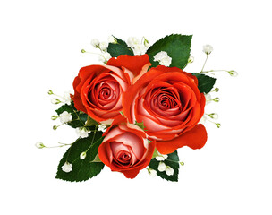 Orange roses and gypsophila flowers in a floral arrangement isolated on white or transparent...