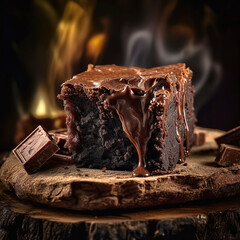 Delicioso pastel de chocolate. IA generada. Brownies de chocolate sobre fondo de madera, panadería casera y postre. Chocolate jugoso derretido.