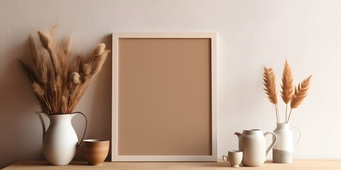 Minimal wooden picture poster frame mockup on white wallpaper, ai generative