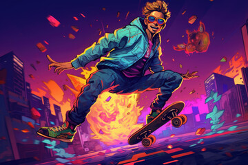 Illustration of a retro-inspired character engaged in an active pursuit, such as skateboarding or dancing, with vibrant colors and a lively atmosphere, merging the aesthetics of the past with a contem