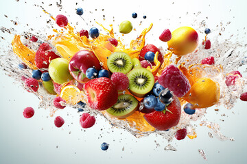 Concepto de comida y bebida saludable. Diseño de arte con frutas tropicales cortadas. Explosión de zumo y salpicaduras. IA generada.