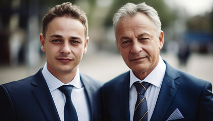 Two successful businessmen in formalwear smiling outdoors generated by AI