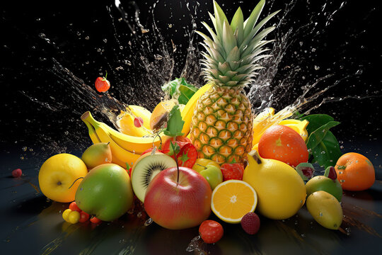 Concepto de comida y bebida saludable. Diseño de arte con frutas tropicales cortadas. Explosión de zumo y salpicaduras. IA generada.