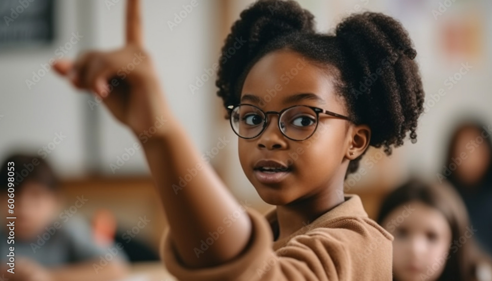 Poster smiling school children studying in a classroom generated by ai