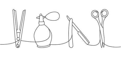 Hairdresser tools one line continuous drawing. Hair straightener, perfume sprayer, razor blade, hairdresser scissors continuous one line illustration.