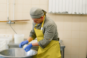 the production of dairy cheeses the cheesemaker removes white mozzarella from a metal vat with his hands squeezes inflates a ball