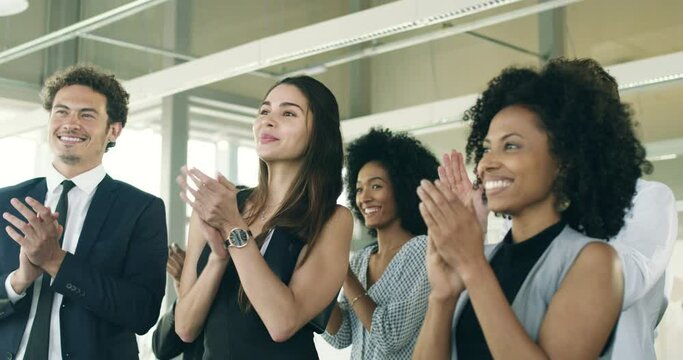 Support, happy and business people with applause at a conference for success or congratulations. Team, smile and group of employees in audience clapping hands in a meeting or seminar for motivation