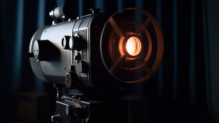 Fototapeta na wymiar Modern film industry machinery illuminates dark stage generated by AI