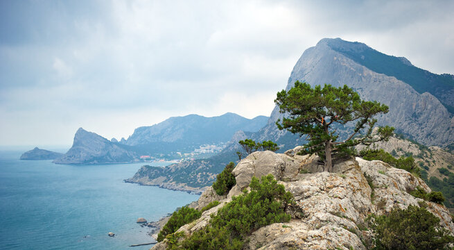 Crimean coast Panorama with mountains and the sea. View from the Sudak fortress.
