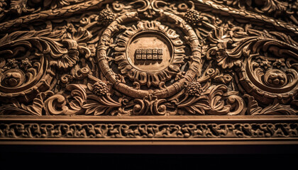 Ornate wood door with floral pattern decoration generated by AI
