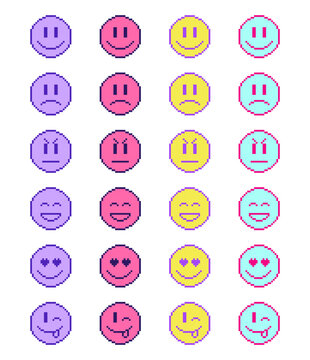 pixel emoji set, colorful emoticon, retro style, 1990s 2000s, nostalgia, vector illustration