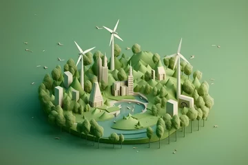 Foto op Aluminium Isometric Illustration of Buildings with Trees and Windmill - Generative AI © Rzzly
