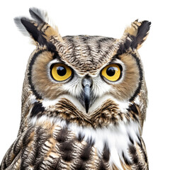 a Great-Horned Owl, portrait, front view, a nocturnal bird of prey, yellow-orange eyes, Nature-themed, photorealistic illustrations in a PNG, cutout, and isolated. Generative AI