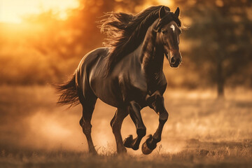 Fototapeta na wymiar Stunning Black Stallion Running Free at Sunset, generative AI