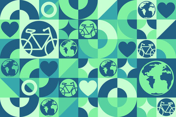 World Bicycle Day. June 3. Seamless geometric pattern. Template for background, banner, card, poster. Vector EPS10 illustration.