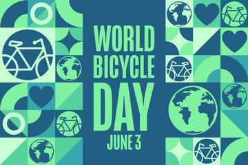 World Bicycle Day. June 3. Holiday concept. Template for background, banner, card, poster with text inscription. Vector EPS10 illustration.