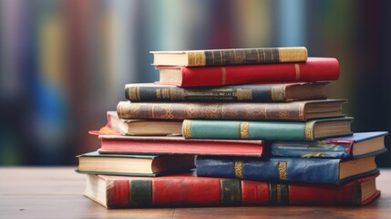 Naklejka premium Hardcover books. Library background. AI generative image.