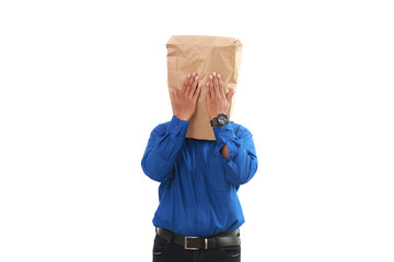 Businessman with a paper bag covering his eyes