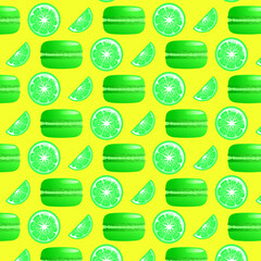 Seamless pattern lime macarons and lime slice. Gradient macarons. Vector traditional french cookies in cartoon style.Vector illustration