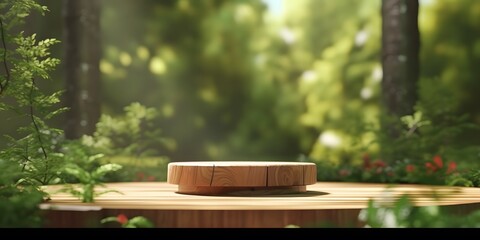 wooden podium in tropical forest for product generative ai - obrazy, fototapety, plakaty