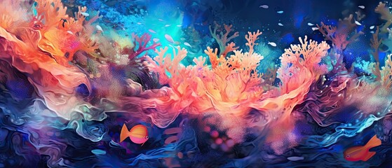 Plakat Abstract underwater liquid background featuring a mix of beautiful underwater fish, plants, flowers and coral. Gorgeous underwater scenery. Generative AI.