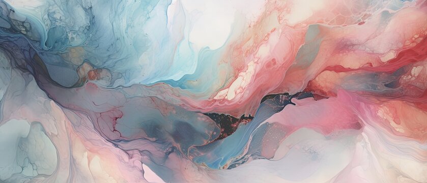 Abstract liquid alcohol ink background with a marbled effect combination with ethereal color hues. Famous wallpaper texture. Illustration, beautiful backgrounds graphics. Generative AI. 