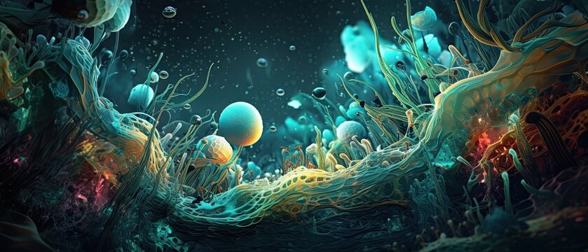 Abstract underwater liquid background featuring a mix of beautiful underwater plants, flowers and coral. Gorgeous underwater scenery. Generative AI.
