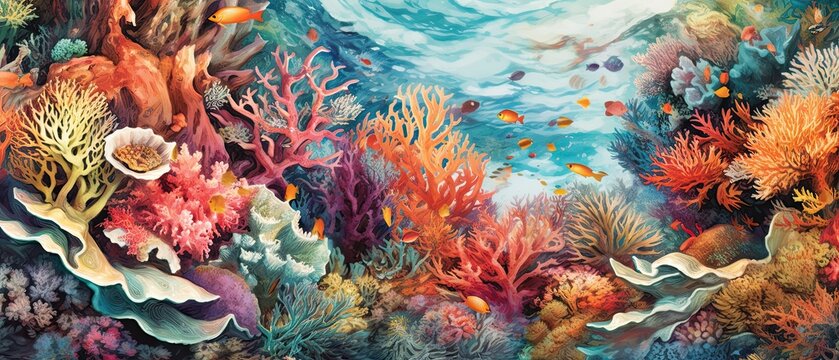 Underwater theater. Abstract underwater liquid background with focus on beautiful underwater fish, plants and coral. Gorgeous underwater scenery. Generative AI.