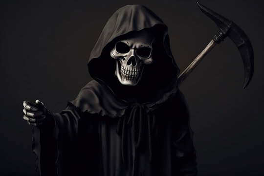 Grim Reaper points at you. Photo of personification of death wielding a large scythe in silhouette.  AI generative